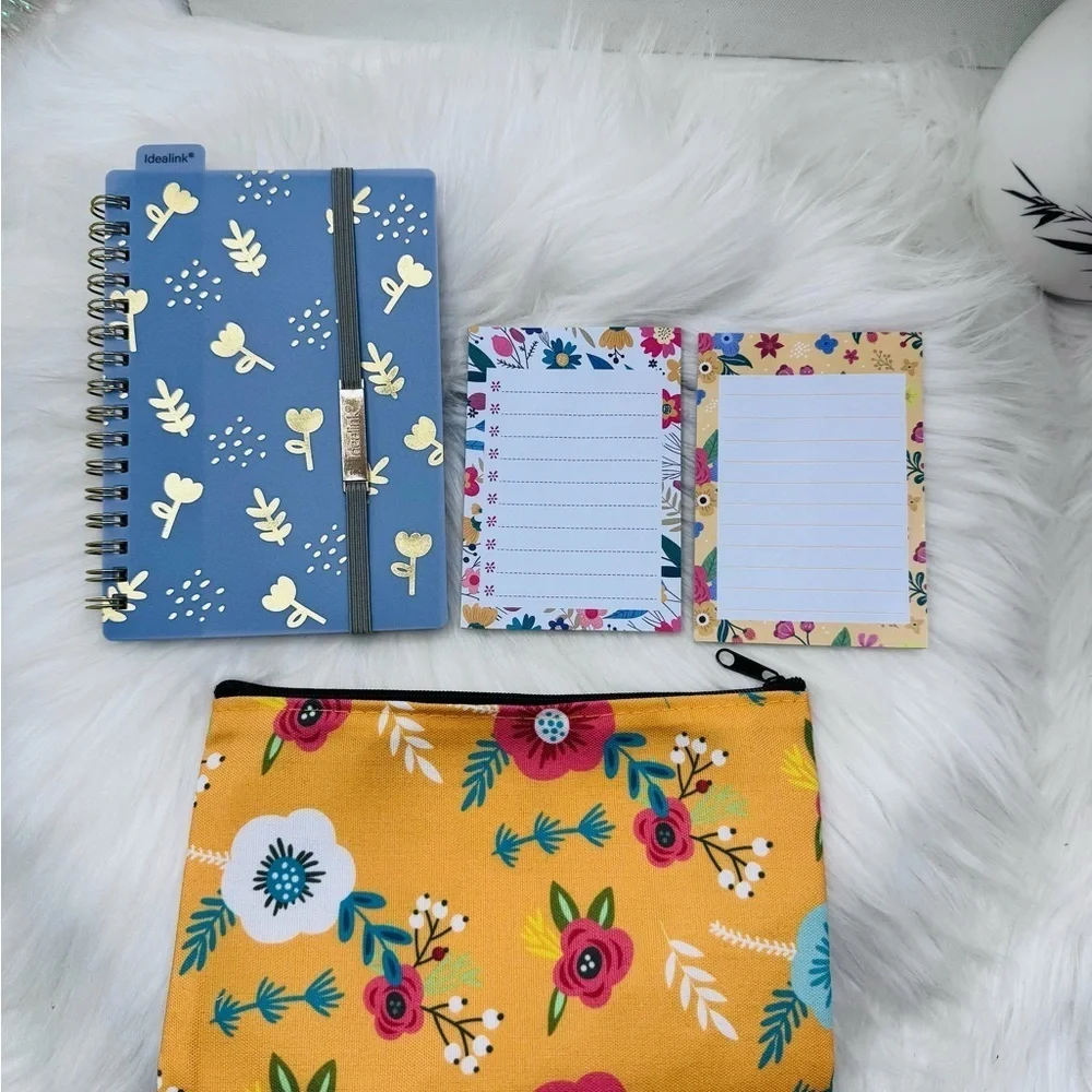 Floral Stationery Set with Blue Notebook and Yellow Pouch